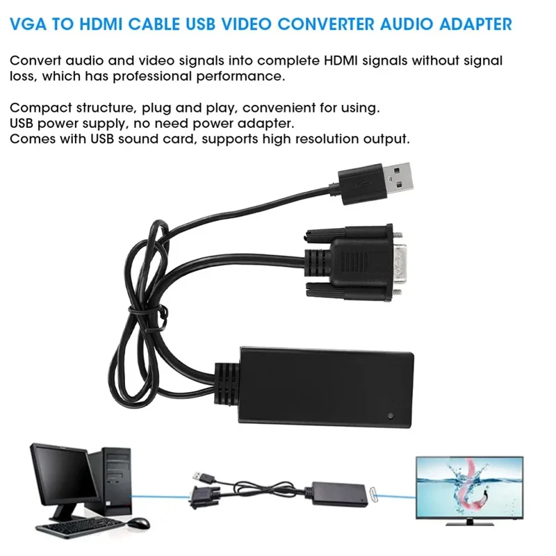 Convertisseur VGA + USB vers HD 1080P, adaptateur vidéo HD avec audio / Alimentation USB pour PC / Ordinateur portable / DVD / Console de jeux