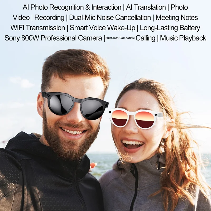 Lunettes intelligentes W611pro avec traduction en temps réel et Bluetooth, caméra portable avec enregistrement vidéo 4K - Blanc + Verres rouges