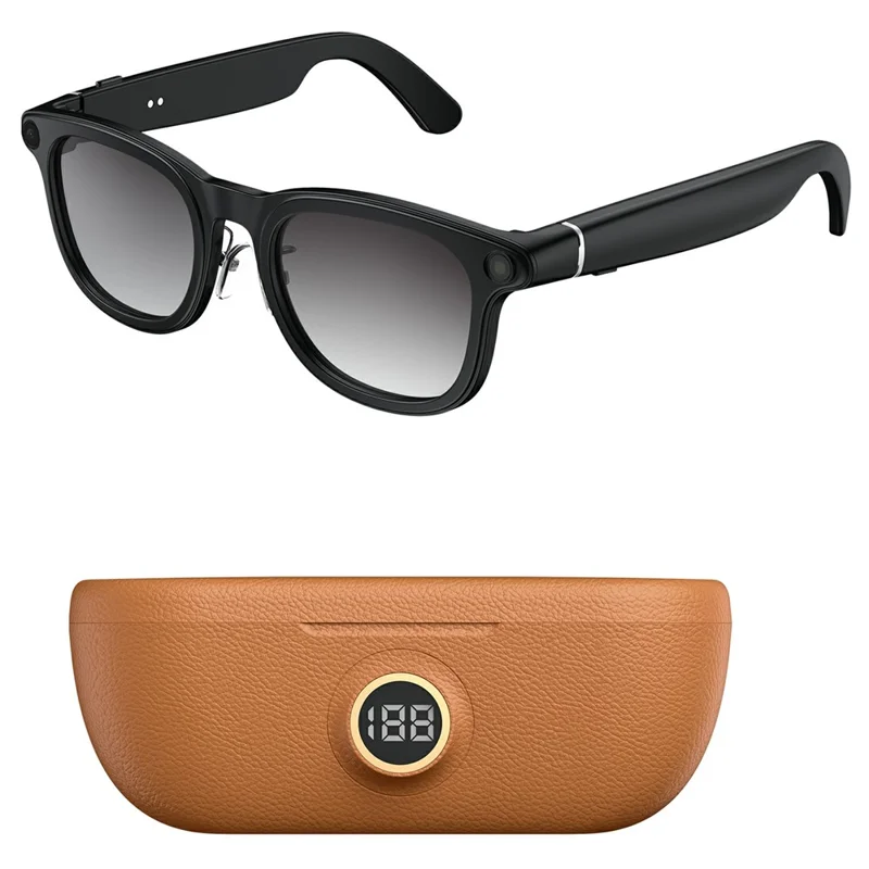 X01 Smart Glasses Camera AI Translation Video Recording Bluetooth-Compatible 5.3 Audio Voice Assistant Wearable Device - Black Frame / Photochromic Lenses / Brown Charging Case