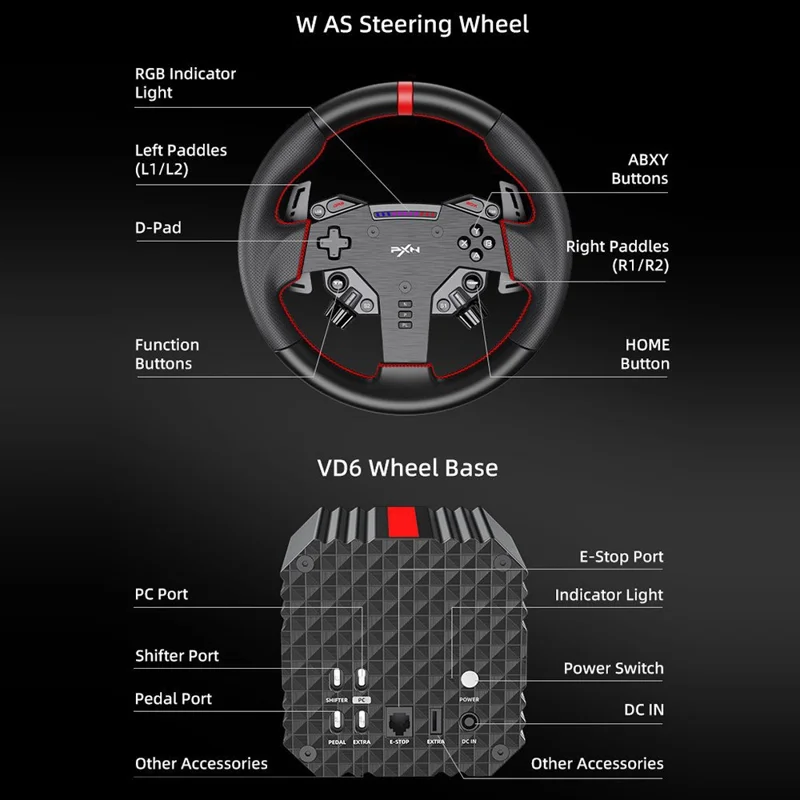 PXN VD6 Direct Drive Racing Wheel Bundle 6 Нм Обратная связь педали Совместимость с игровым ПК - Черный