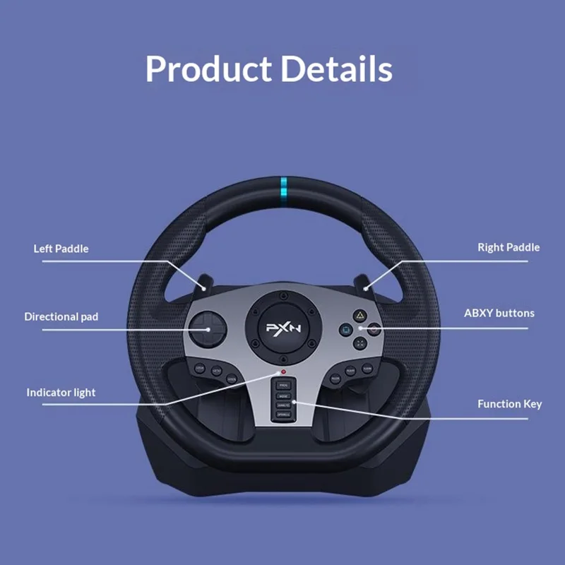 PXN V9 Racing Steering Wheel Set for Sony PlayStation 4 / 3 / Nintendo Switch / Xbox One with Manual Shifter 3-Pedal Panel - Black