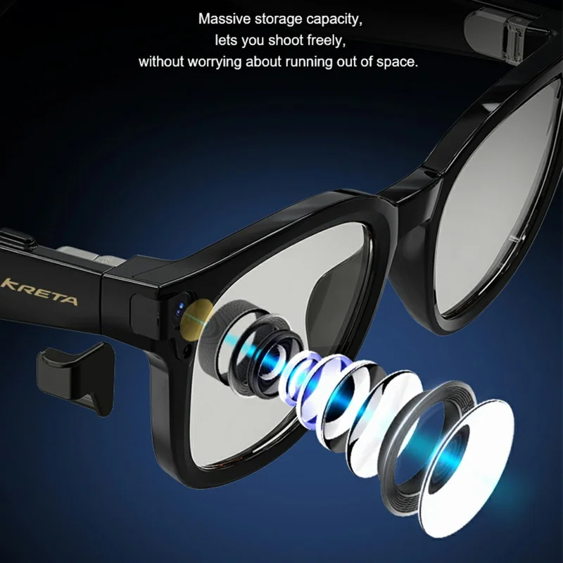 KRETA V52 Smart Glasses 8MP HD Camera Six-Axis Stabilization AI Translation Music Eyeglasses - Black