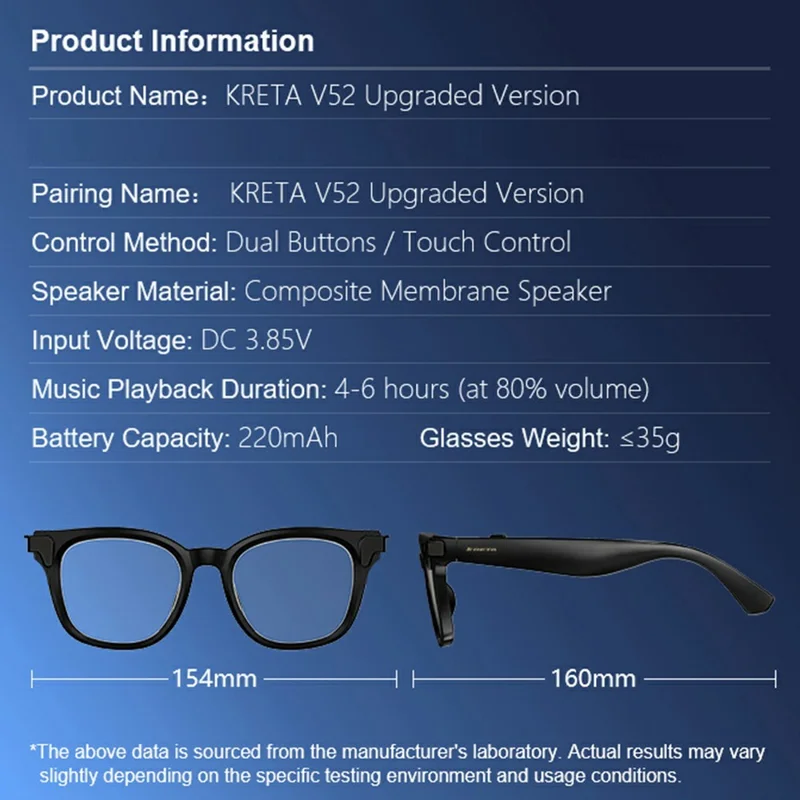 KRETA V52 Smart Glasses 8MP HD Camera Six-Axis Stabilization AI Translation Music Eyeglasses - Black