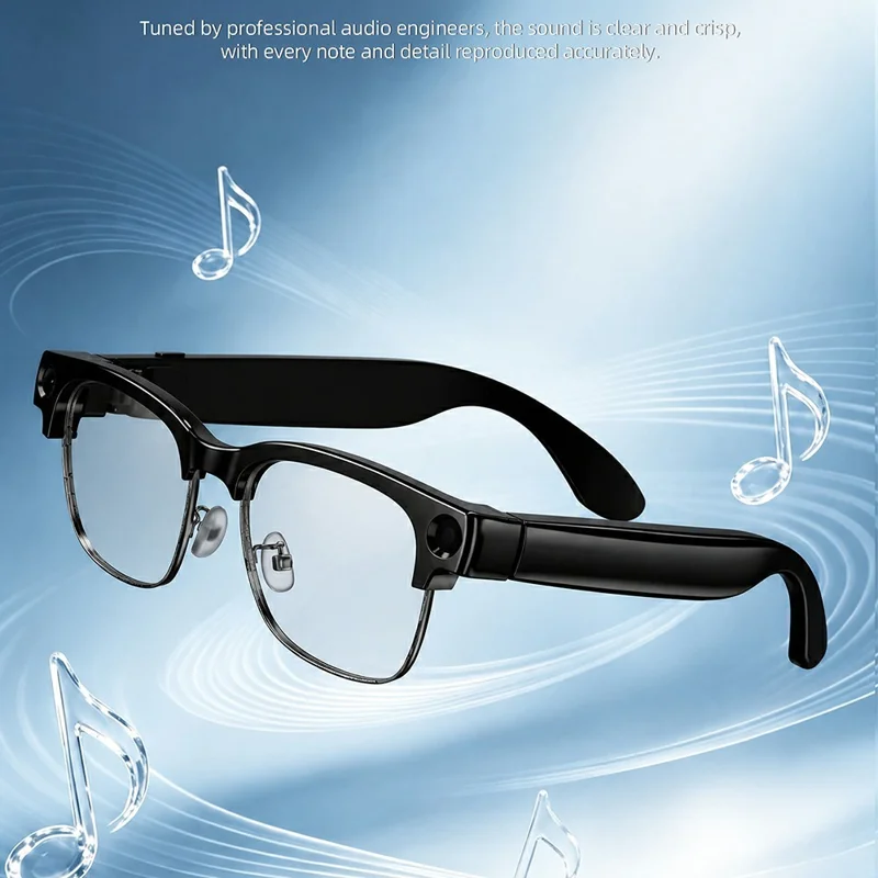 E09B Smart Glasses 8MP Camera 8GB Storage Voice Assistant Metal Half Frame Anti-Blue Light Lens