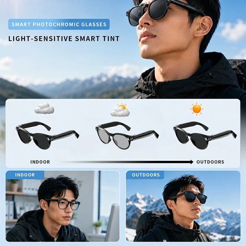 CY05MAX 8MP Kamera-AI-Smartbrille mit selbsttönenden Gläsern und Ladeetui – Schwarz
