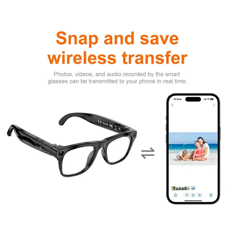 xk one AI Smart Glasses 1080P HD Camera Voice Assistant Wireless Transfer - Black