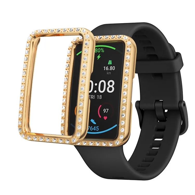 Rhinestone Decor Protective Cover Electroplating Hard PC Frame for Huawei Watch Fit - Rose Gold