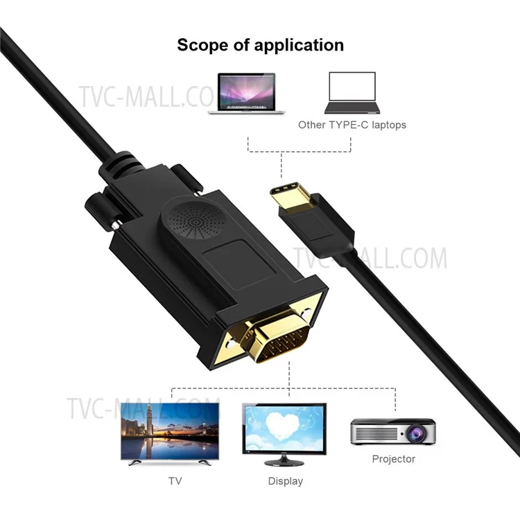 QGEEM UA17 1.8m USB-C Male to VGA Male 1080P HD Video Adapter Cable