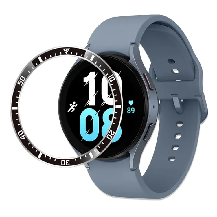 For Samsung Galaxy Watch 5 / 4 44mm Watch Bezel Insert Adhesive Metal Ring Frame Replacement (Type A) - Black / White Characters