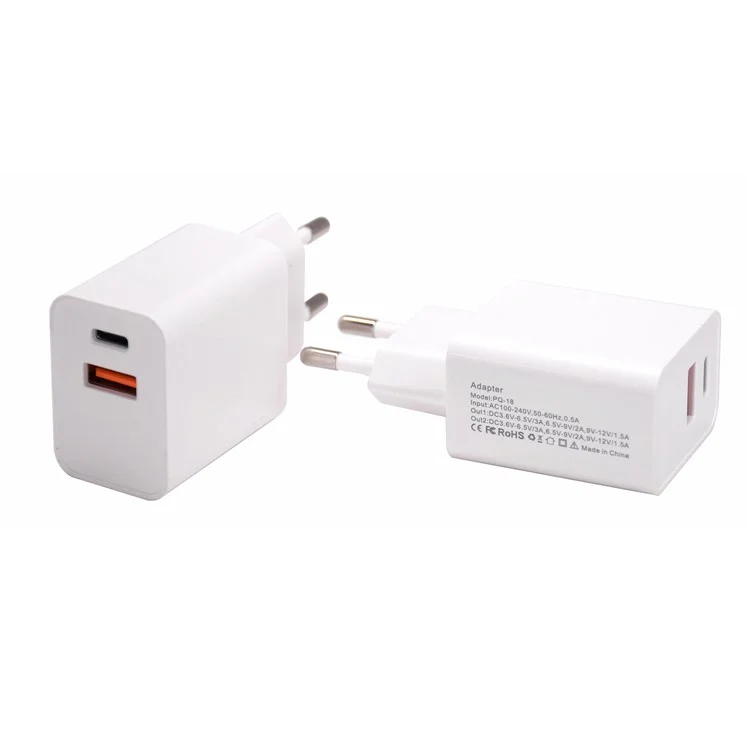 18W USB + Type-C Dual Ports Charger de Viaje de Carga Rápida - Enchufe de la ue