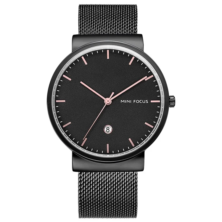 MINI FOCUS Men Quartz Watch Calendar Waterproof Breathable Metal Strap Men Wristwatch - Black