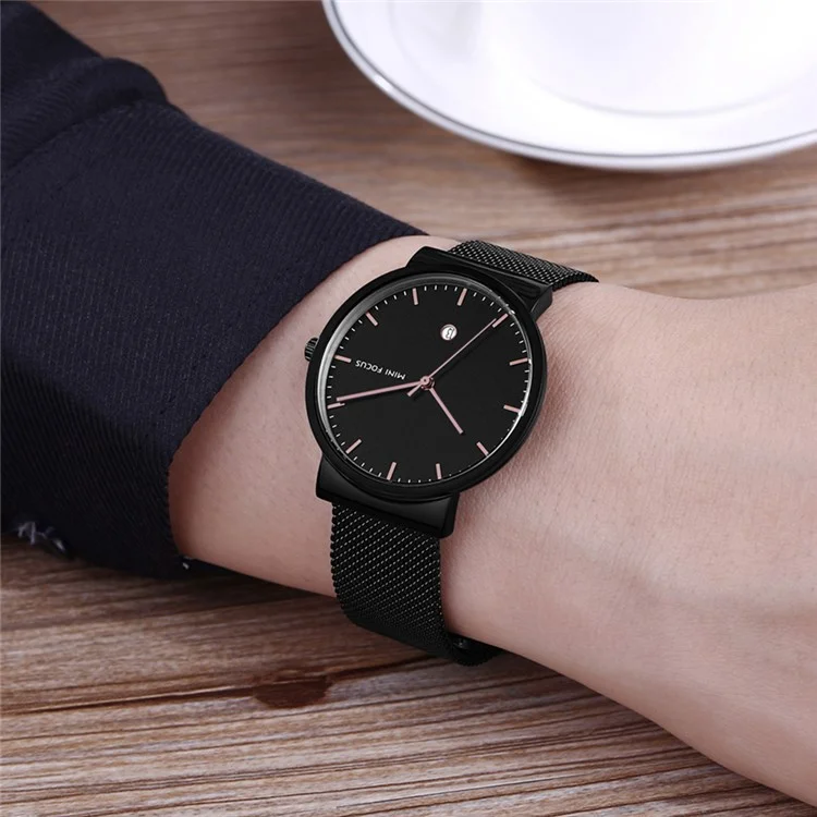 MINI FOCUS Men Quartz Watch Calendar Waterproof Breathable Metal Strap Men Wristwatch - Black