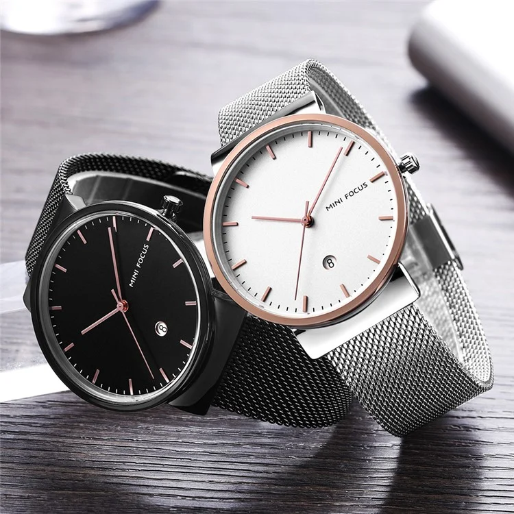 MINI FOCUS Men Quartz Watch Calendar Waterproof Breathable Metal Strap Men Wristwatch - Black