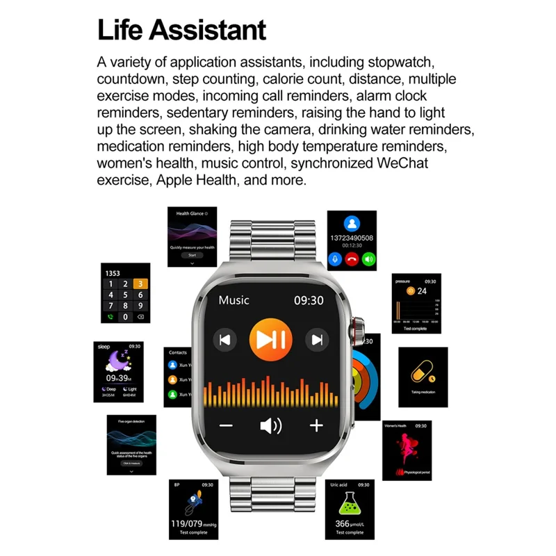 TK16 2.04-Zoll AMOLED-Bildschirm Smartwatch Mikro-Untersuchung EKG Herzfrequenzmonitor Sportuhr, Stahlarmband - Schwarz