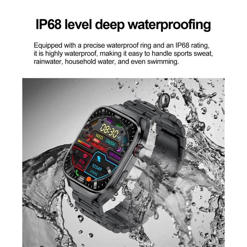 TK16 2.04-Zoll AMOLED-Bildschirm Smartwatch Mikro-Untersuchung EKG Herzfrequenzmonitor Sportuhr, Stahlarmband - Schwarz
