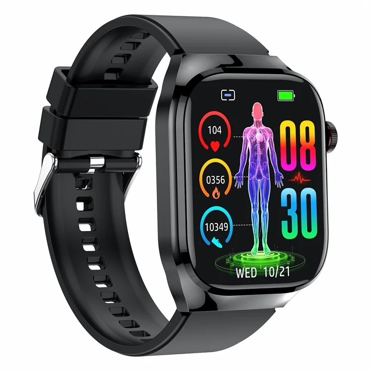 Montre intelligente TK16 avec écran AMOLED de 2,04 pouces, électrocardiogramme (ECG), surveillance du rythme cardiaque, bracelet en silicone - Noir