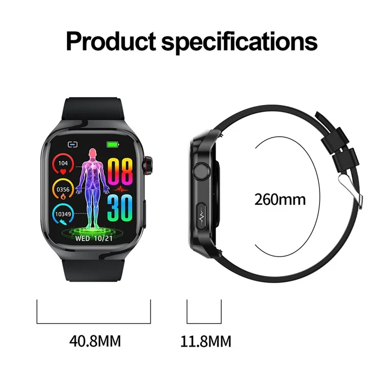 Montre intelligente TK16 avec écran AMOLED de 2,04 pouces, électrocardiogramme (ECG), surveillance du rythme cardiaque, bracelet en silicone - Noir