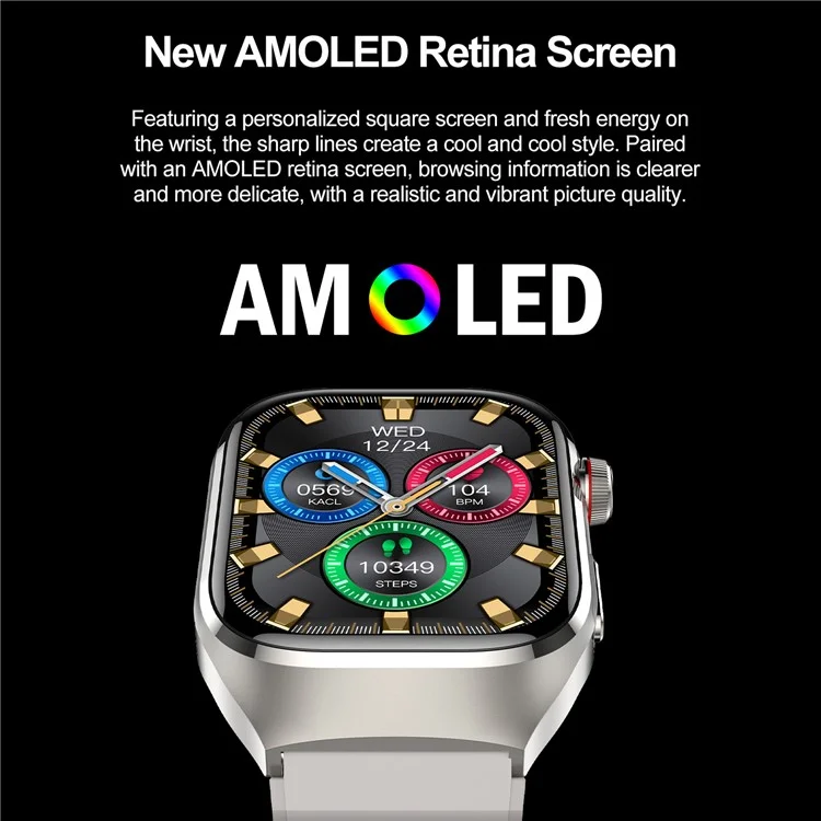 Montre intelligente TK16 avec écran AMOLED de 2,04 pouces, électrocardiogramme (ECG), surveillance du rythme cardiaque, bracelet en silicone - Noir