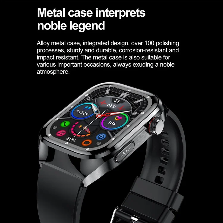 Montre intelligente TK16 avec écran AMOLED de 2,04 pouces, électrocardiogramme (ECG), surveillance du rythme cardiaque, bracelet en silicone - Noir