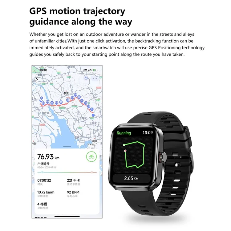 NX22 AMOLED Square Touch Screen Smart Watch GPS Health Monitoring Sport Watch - Negro