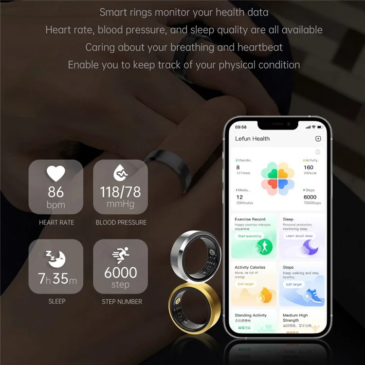 Anel Inteligente de Monitoramento de Saúde S9Ring de Metal Multifuncional Bluetooth - Preto / Tamanho 8