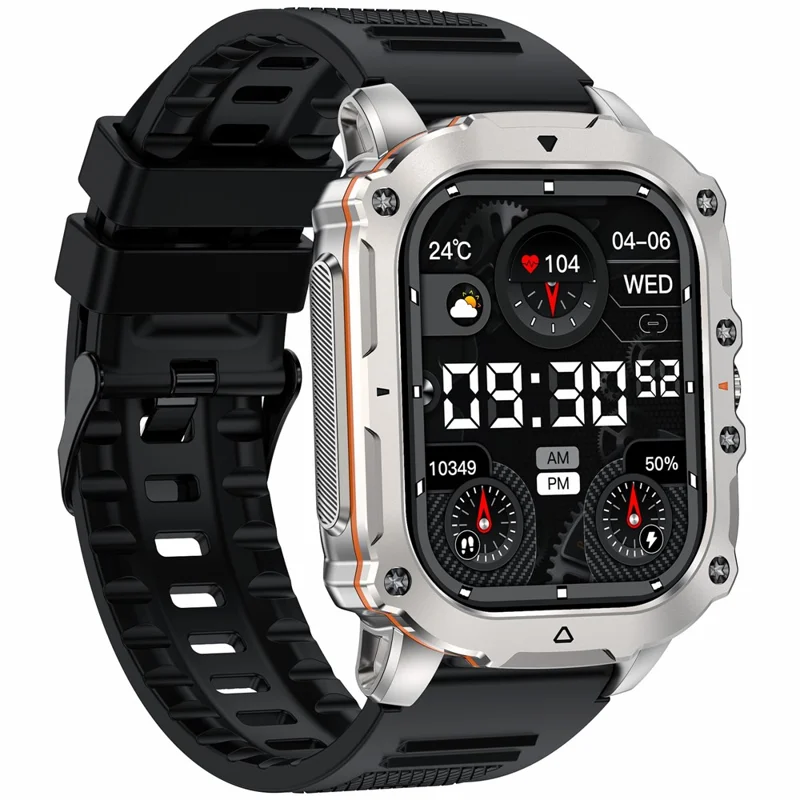 Reloj inteligente AK72 de 1,952 pulgadas, monitor de frecuencia cardíaca y presión arterial, reloj de fitness, correa de silicona - Plata + Negro