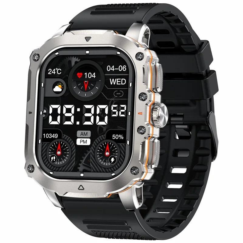 Reloj inteligente AK72 de 1,952 pulgadas, monitor de frecuencia cardíaca y presión arterial, reloj de fitness, correa de silicona - Plata + Negro