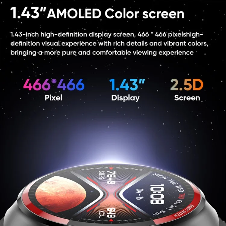 MT78 1.43-inch AMOLED Smart Watch Bluetooth-compatible Calling Heart Rate Blood Pressure Monitoring Sports Watch - Black