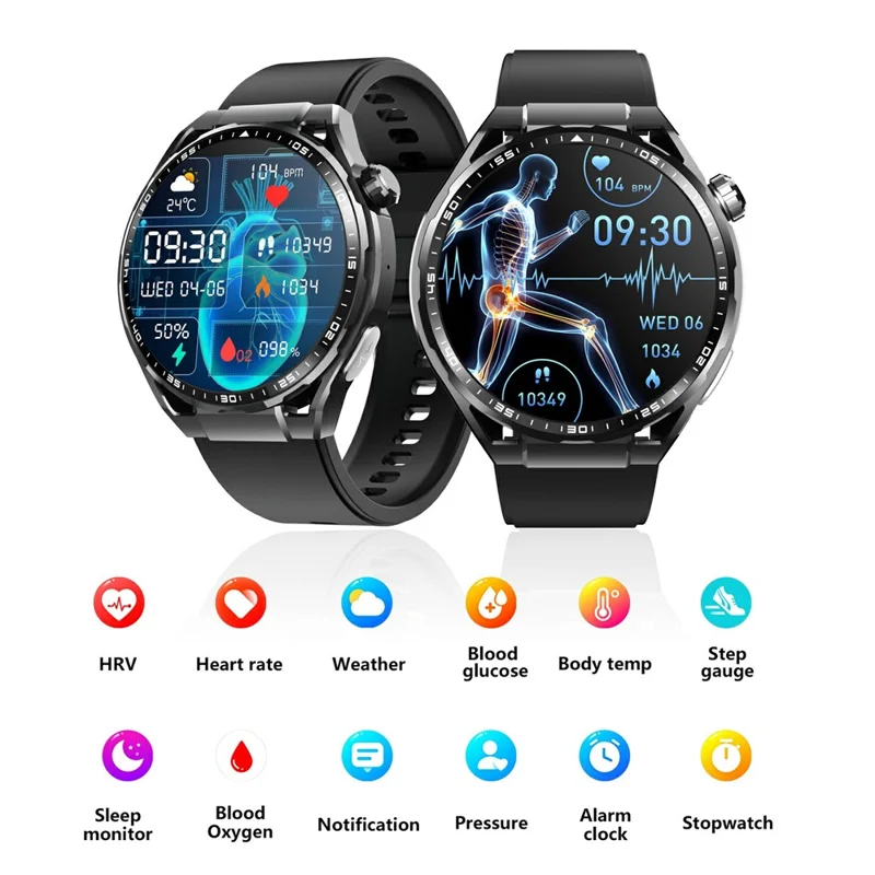 F200 Silicone Strap Smart Sport Watch SOS Non-Invasive Blood Glucose ECG Monitor Smart Bracelet - Black