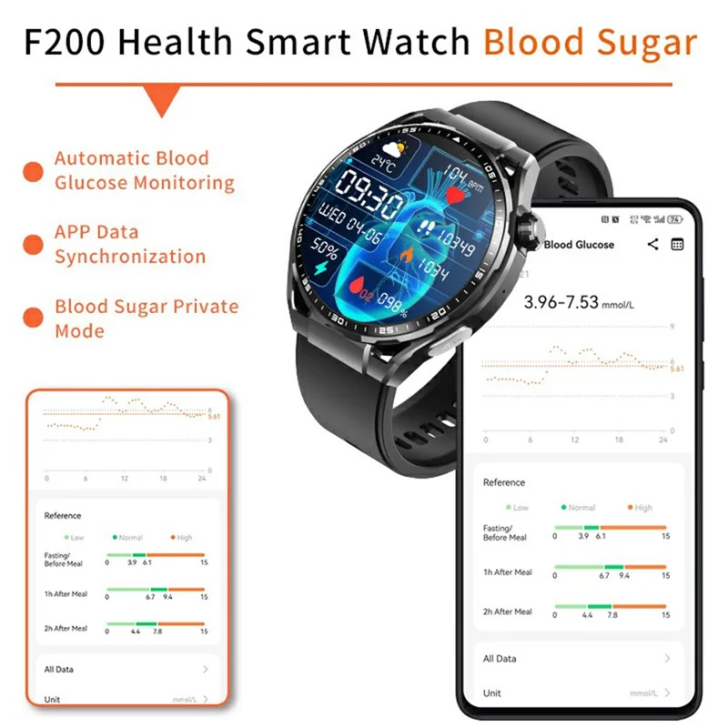 F200 Silicone Strap Smart Sport Watch SOS Non-Invasive Blood Glucose ECG Monitor Smart Bracelet - Black