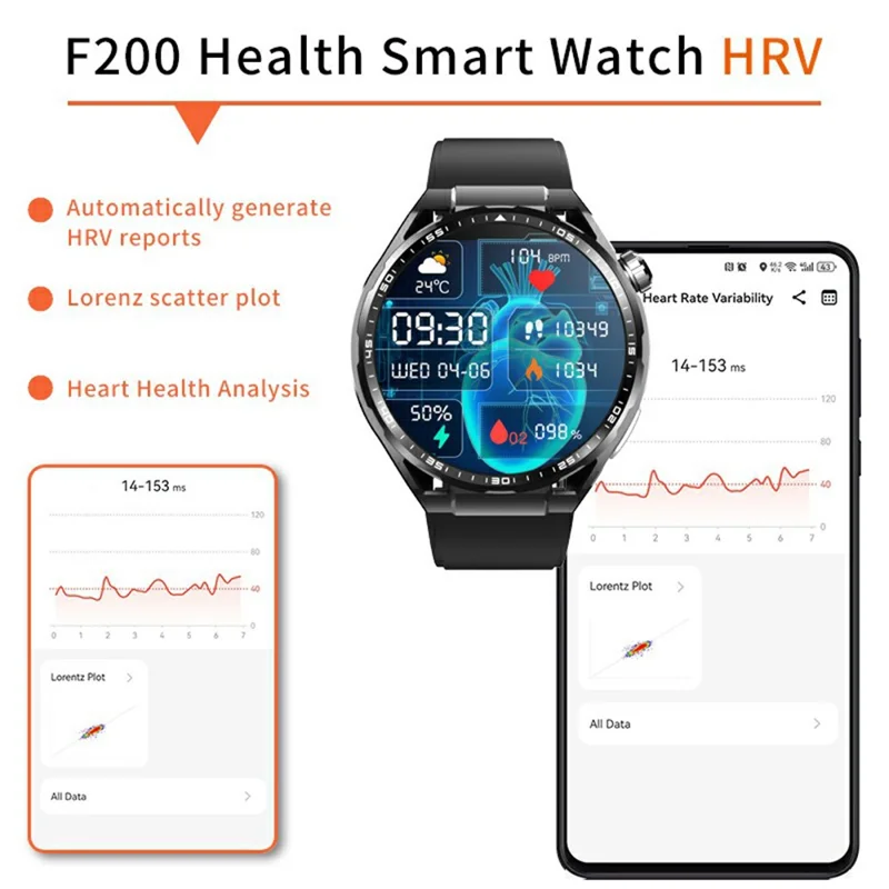 F200 Silicone Strap Smart Sport Watch SOS Non-Invasive Blood Glucose ECG Monitor Smart Bracelet - Black
