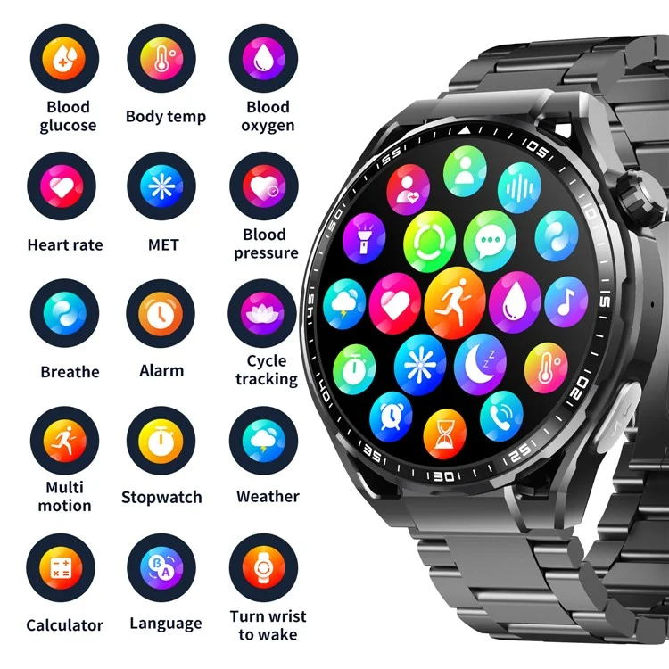 F200 Steel Strap Smart Watch SOS Non-Invasive Blood Glucose ECG Sleep Monitoring Sport Watch