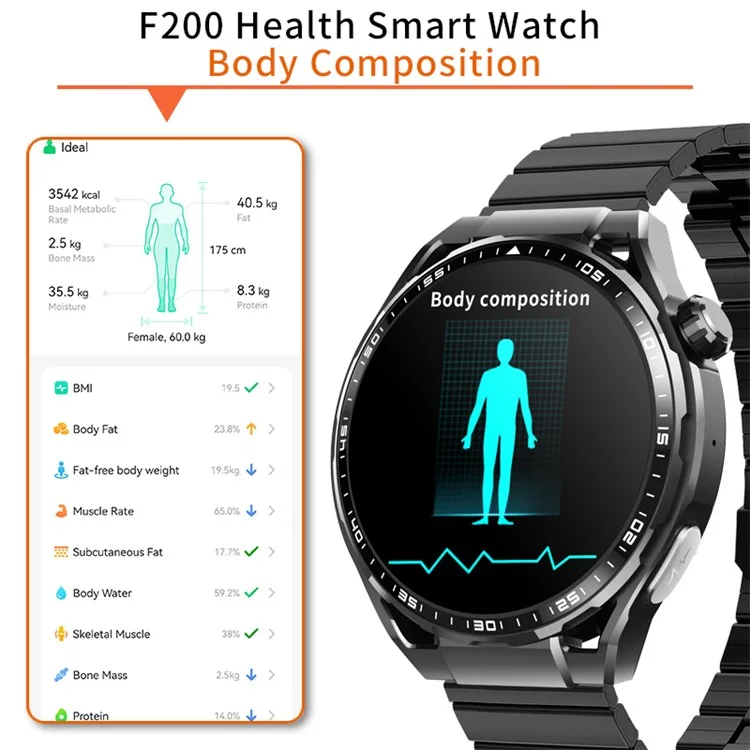 F200 Steel Strap Smart Watch SOS Non-Invasive Blood Glucose ECG Sleep Monitoring Sport Watch