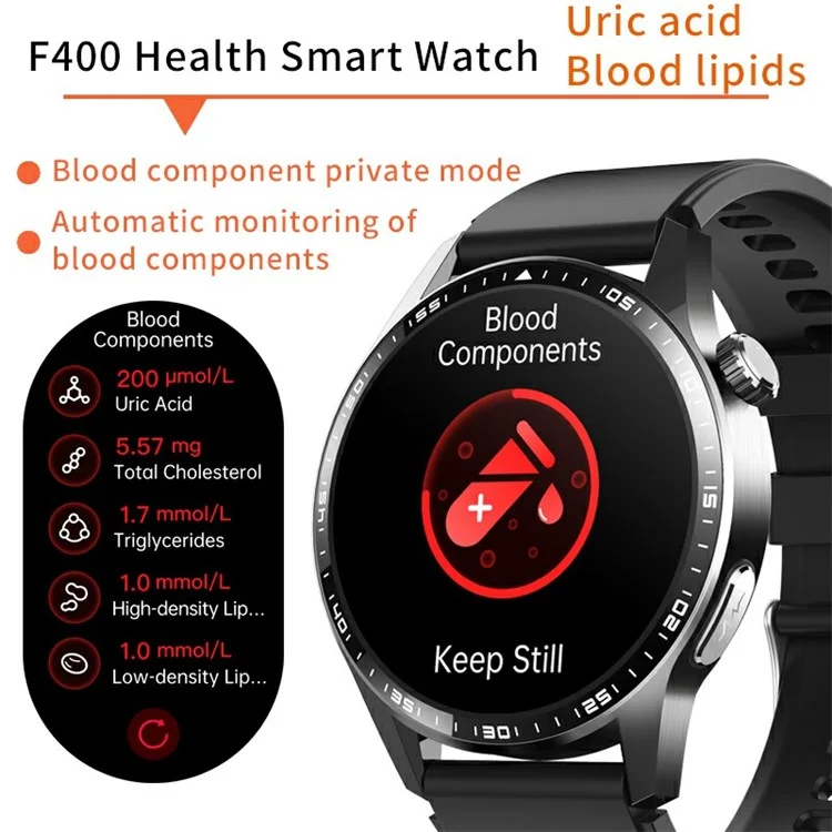 F400 Non-Invasive Blood Sugar Smart Watch ECG Blood Pressure Monitor Bluetooth-compatible Call Sports Watch, Silicone Strap - Black