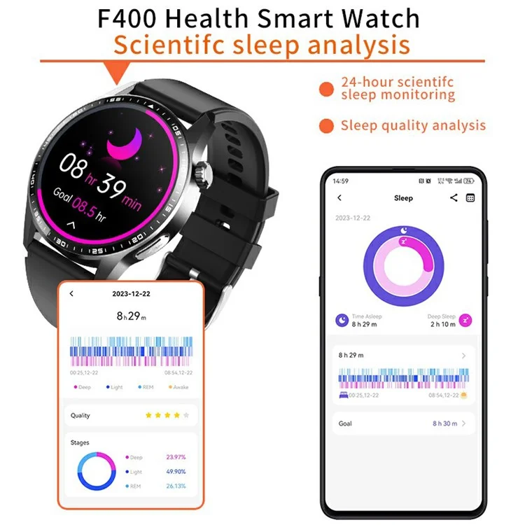 F400 Non-Invasive Blood Sugar Smart Watch ECG Blood Pressure Monitor Bluetooth-compatible Call Sports Watch, Silicone Strap - Black
