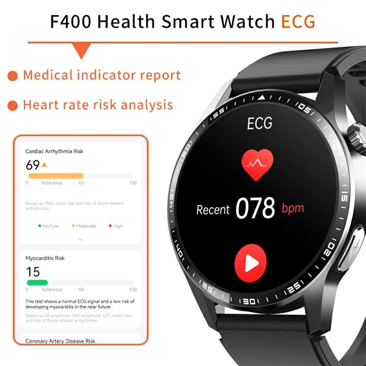 F400 Non-Invasive Blood Sugar Smart Watch ECG Blood Pressure Monitor Bluetooth-compatible Call Sports Watch, Silicone Strap - Black