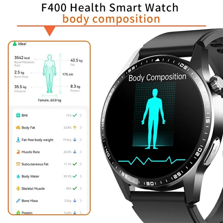 F400 Non-Invasive Blood Sugar Smart Watch ECG Blood Pressure Monitor Bluetooth-compatible Call Sports Watch, Silicone Strap - Black