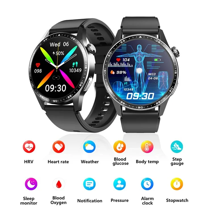 F400 Non-Invasive Blood Sugar Smart Watch ECG Blood Pressure Monitor Bluetooth-compatible Call Sports Watch, Silicone Strap - Black