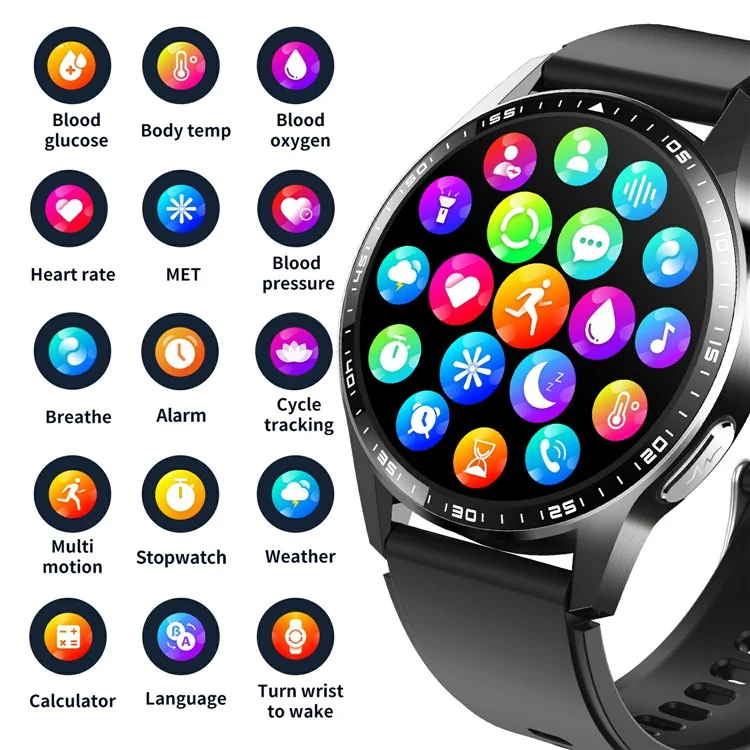 F400 Non-Invasive Blood Sugar Smart Watch ECG Blood Pressure Monitor Bluetooth-compatible Call Sports Watch, Silicone Strap - Black