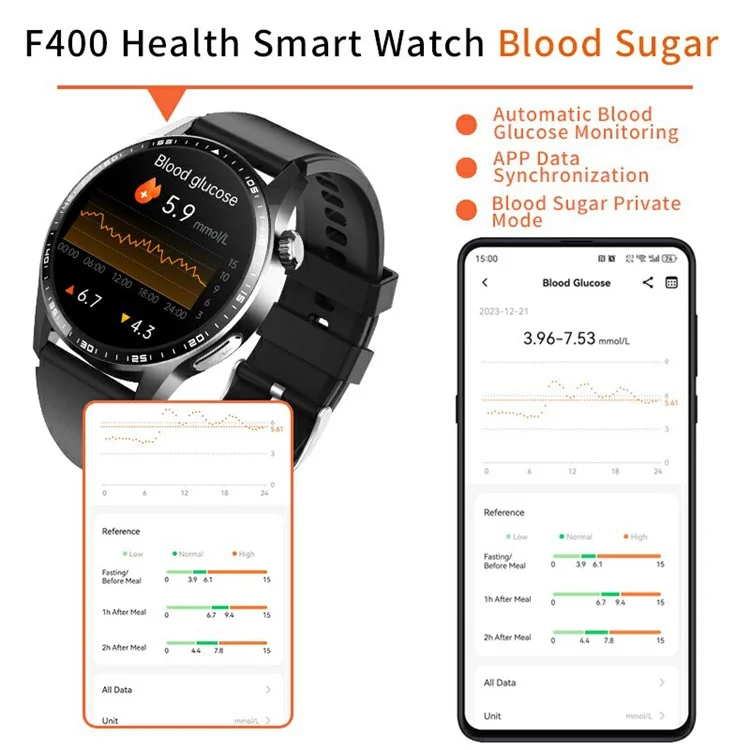 F400 Non-Invasive Blood Sugar Smart Watch ECG Blood Pressure Monitor Bluetooth-compatible Call Sports Watch, Silicone Strap - Black