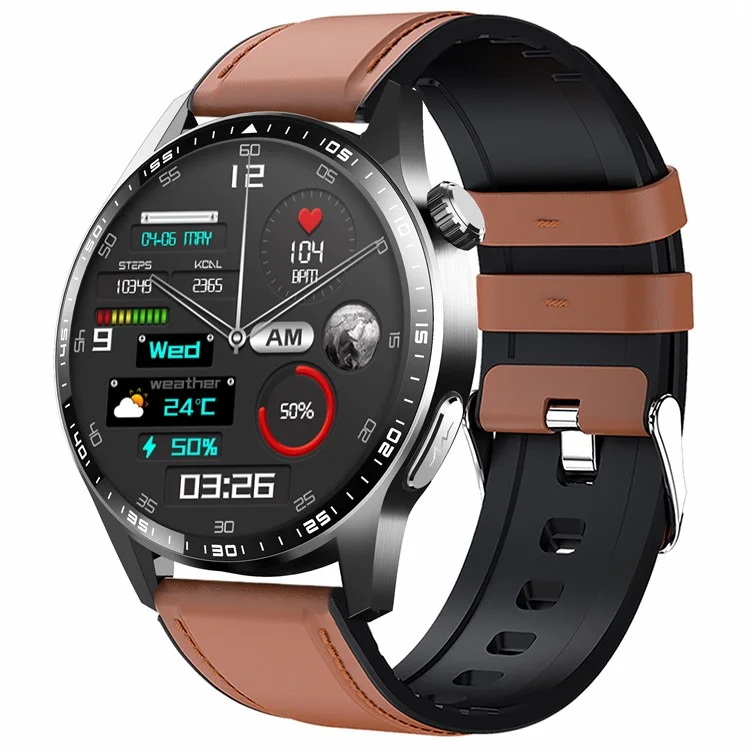 F400 Non-Invasive Blood Sugar Smart Watch ECG Blood Pressure Monitor Bluetooth-compatible Call Sports Watch, Leather Strap - Black  /  Brown