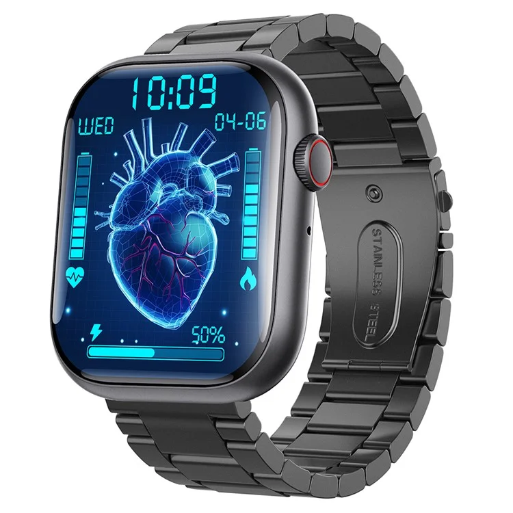 Reloj inteligente con banda de acero de 3 cuentas F70, monitor de glucosa en sangre, frecuencia cardíaca, llamadas Bluetooth y deportes - Negro
