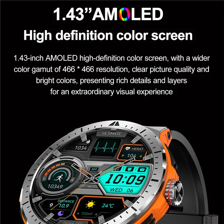HK52 Smartwatch con display AMOLED da 1,43 pollici, chiamata Bluetooth, modalità sport multiple e bracciale - Arancione