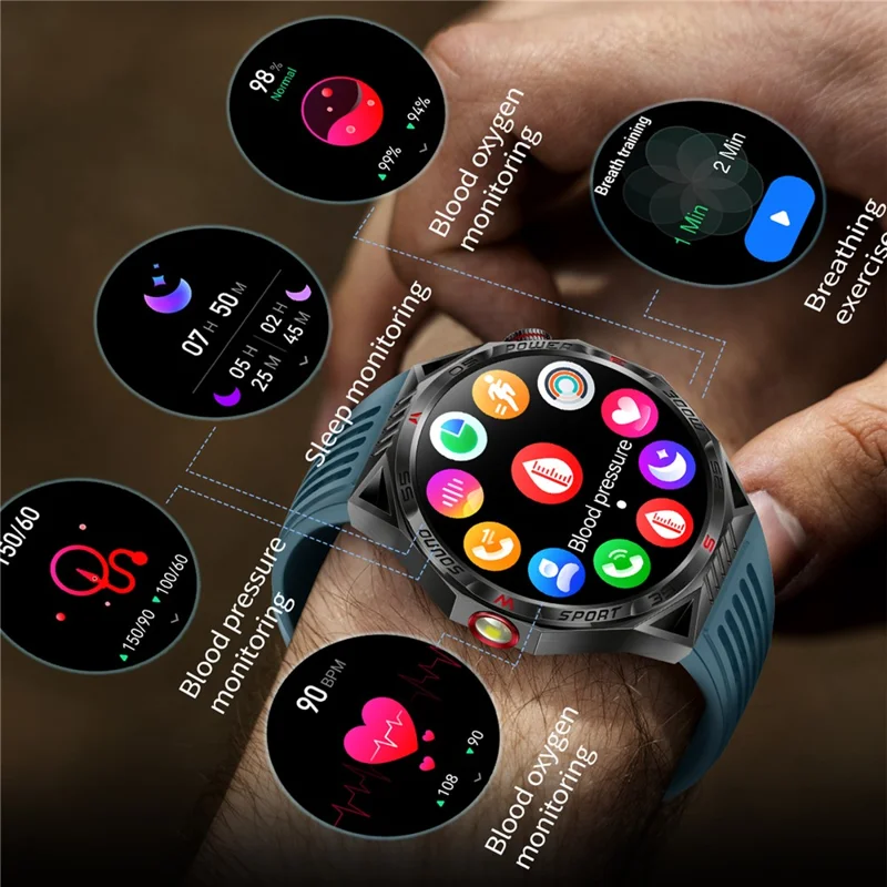 HT28 1.85 inch Screen Smart Watch Bluetooth-compatible Call Bracelet with Compass, Flashlight Function - Blue