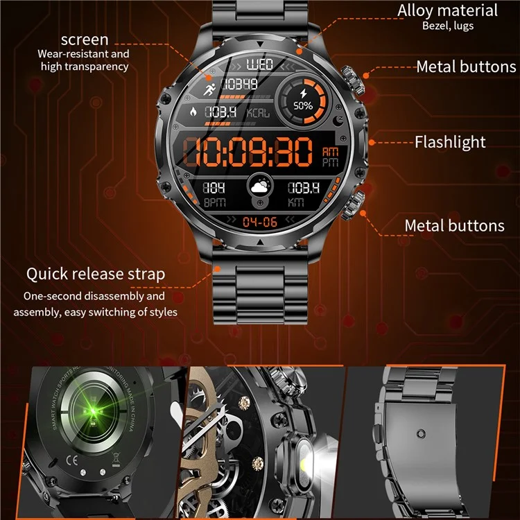 AK75 Steel Strap Smart Watch Bluetooth-compatible Call Waterproof Health Monitoring Sports Watch - Black