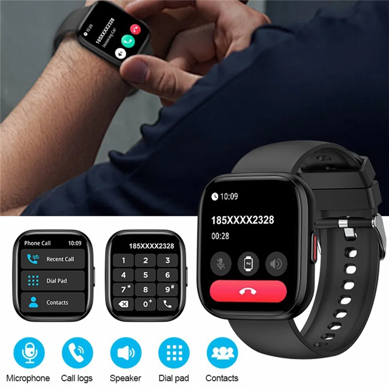 P114 Écran de 1,85 Pouce Bluetooth Call Smart Watch Smart Care Sheat Surveillance Sports Sports Watch - Noir