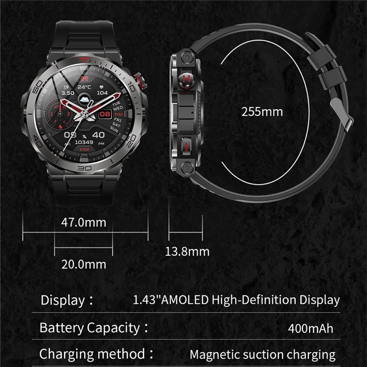 MK68 1.43-inch AMOLED Screen Bluetooth-compatible Call Smart Watch Health Monitoring Outdoor Sports Watch - Black