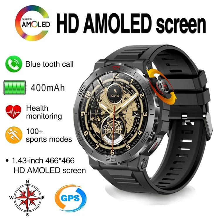 MK68 1.43-inch AMOLED Screen Bluetooth-compatible Call Smart Watch Health Monitoring Outdoor Sports Watch - Black