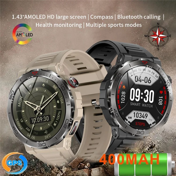 MK68 1.43-inch AMOLED Screen Bluetooth-compatible Call Smart Watch Health Monitoring Outdoor Sports Watch - Black