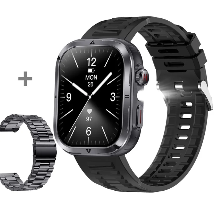 MK86 2.01-inch Screen Bluetooth-compatible Call Smart Watch Health Monitoring Flashlight Sports Watch, Silicone + Steel Strap - Black